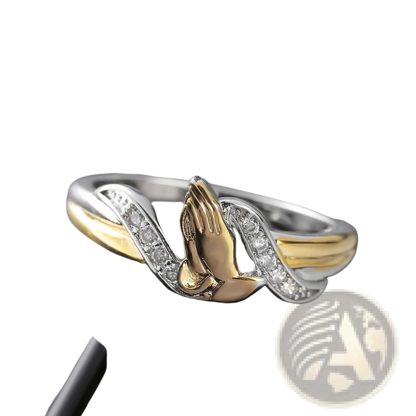 Two Tone 18k Gold Praying Hands Cubic Zirconia Ring