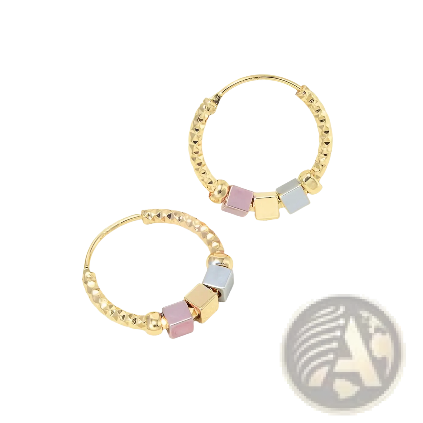 Two Tone Rose Motif Hoop Earrings with Pink Enamel Accents