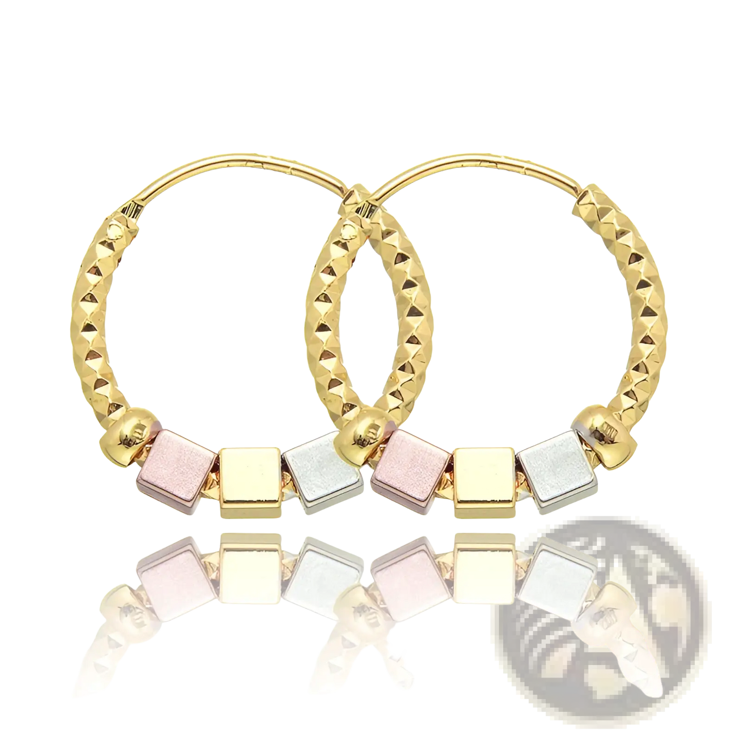 Two Tone Rose Motif Hoop Earrings with Pink Enamel Accents