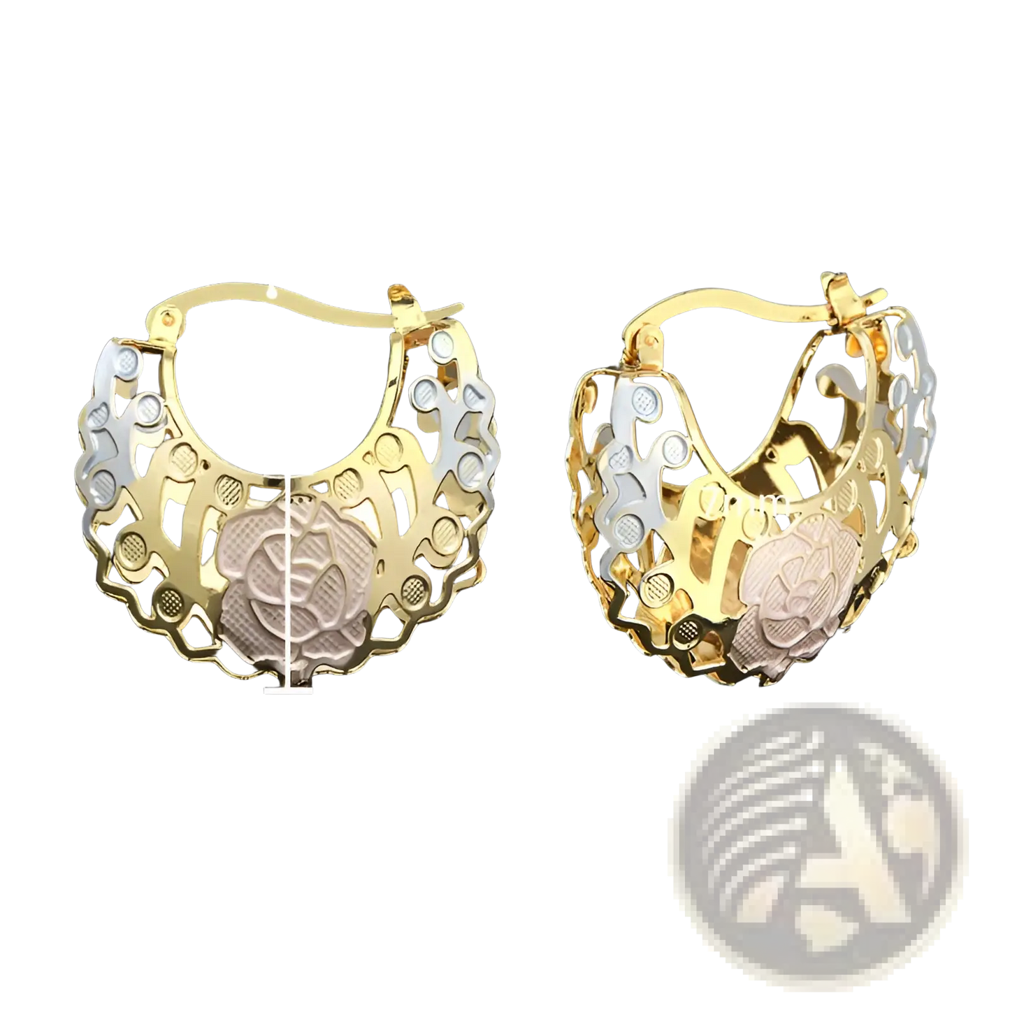 Two Tone Rose Motif Hoop Earrings with Pink Enamel Accents
