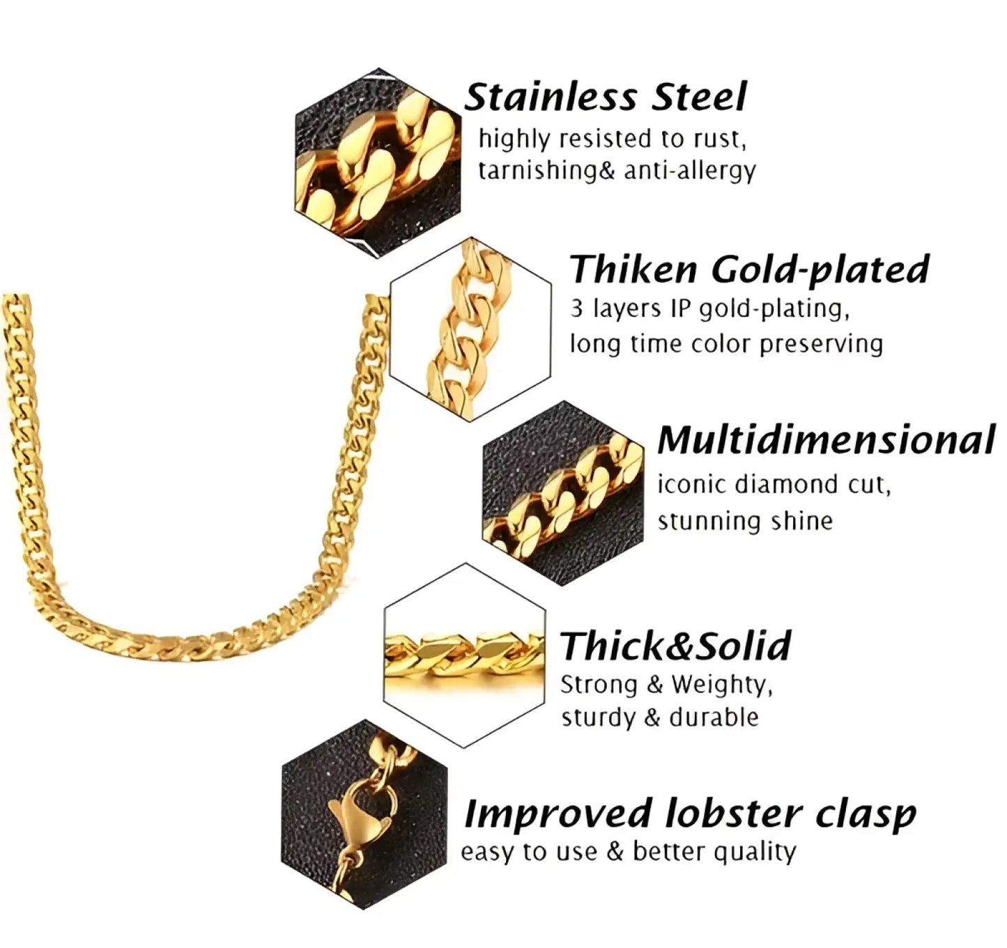 Unisex 18k Gold Plated Stainless Steel Cuban Link Necklace