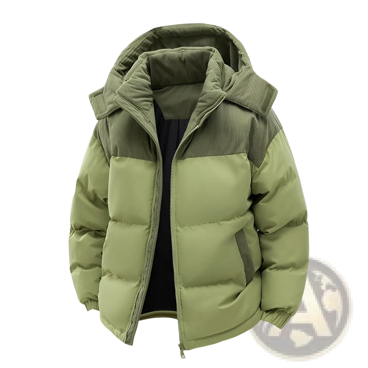 Unisex Corduroy Patchwork Detachable Hood Puffer Jacket