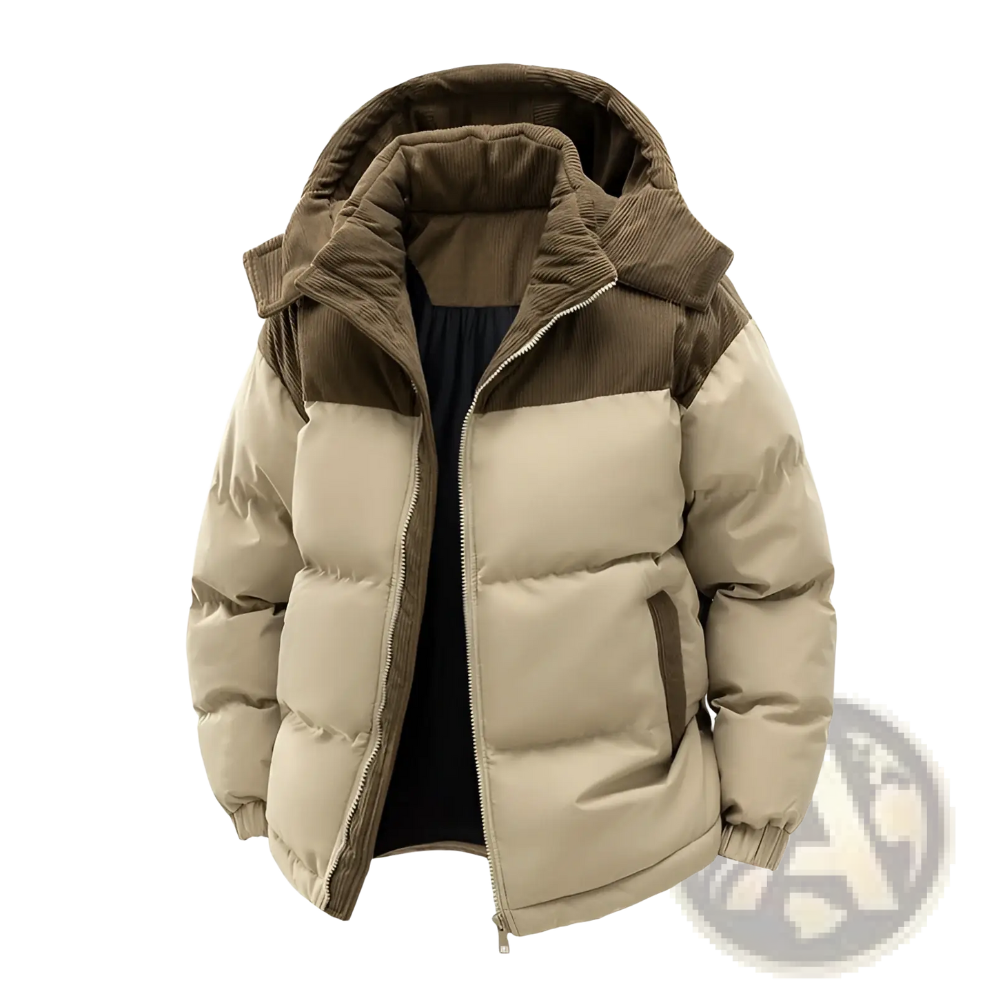 Unisex Corduroy Patchwork Detachable Hood Puffer Jacket