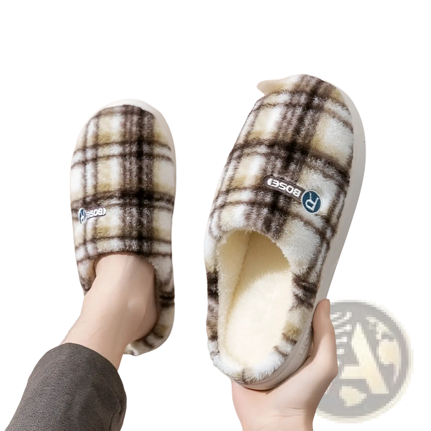 Unisex Plaid Fleece Lined Non Slip Indoor Slippers