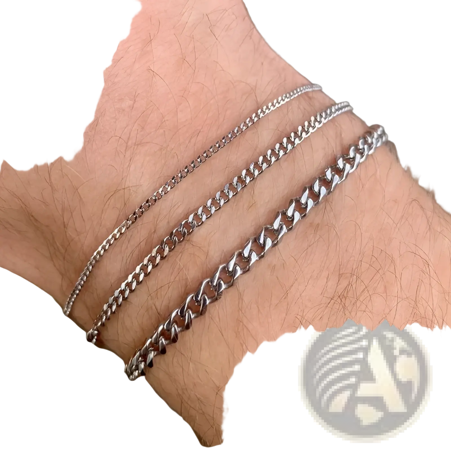 Unisex Silver Layered Cuban and Figaro Link Bracelet Set