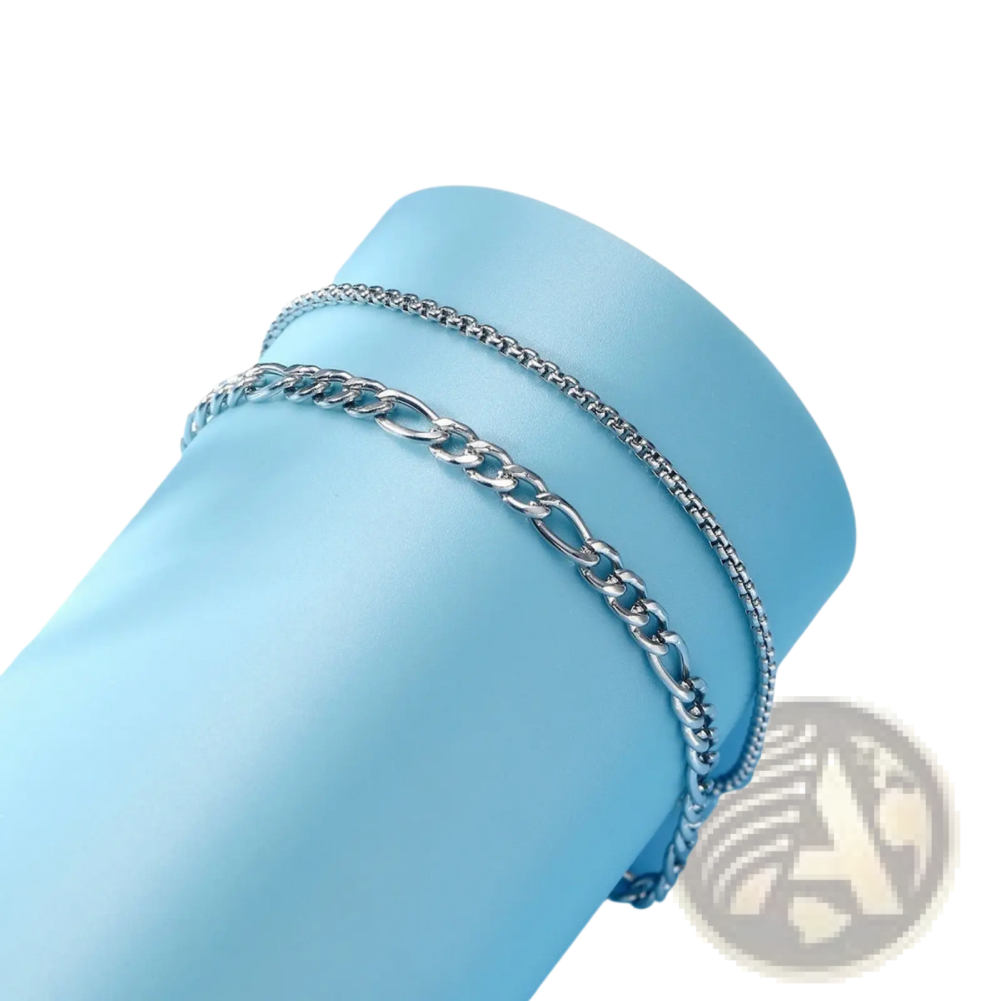 Unisex Silver Layered Cuban and Figaro Link Bracelet Set