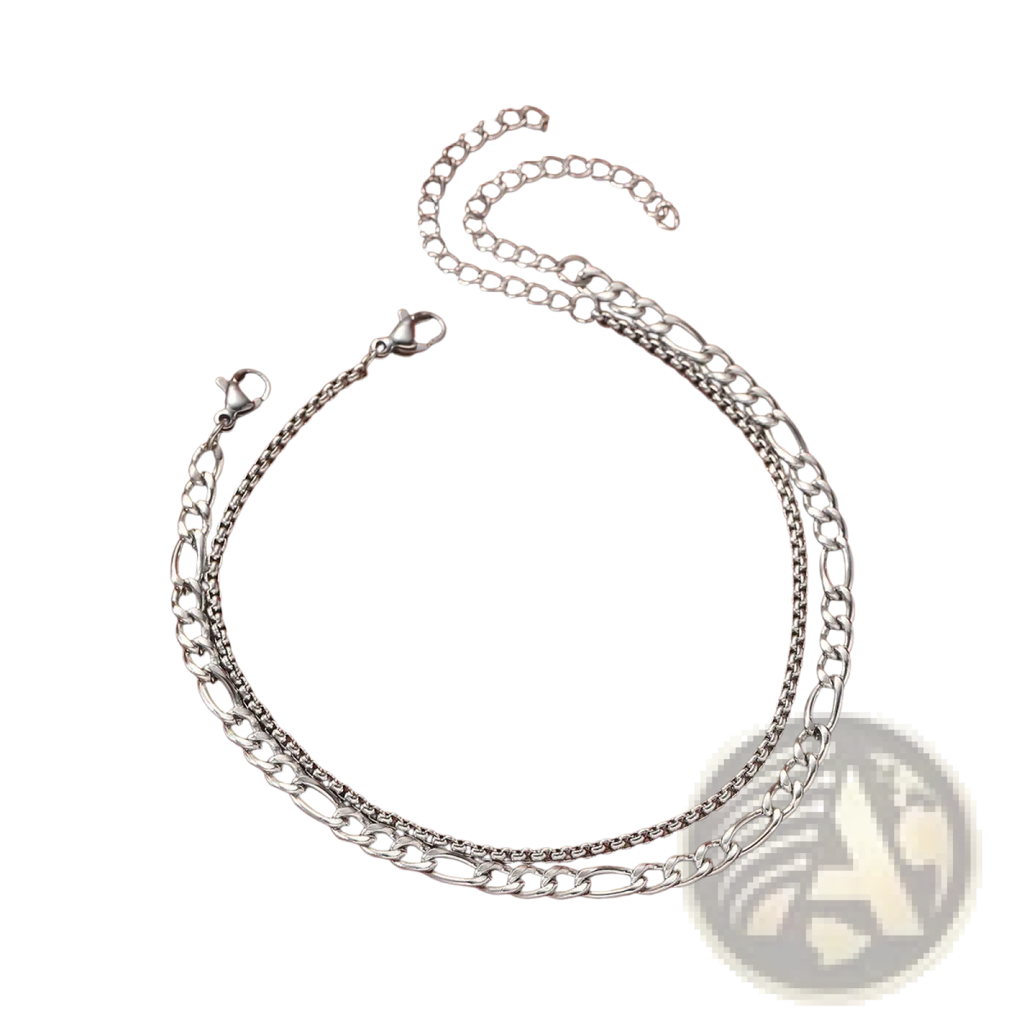 Unisex Silver Layered Cuban and Figaro Link Bracelet Set