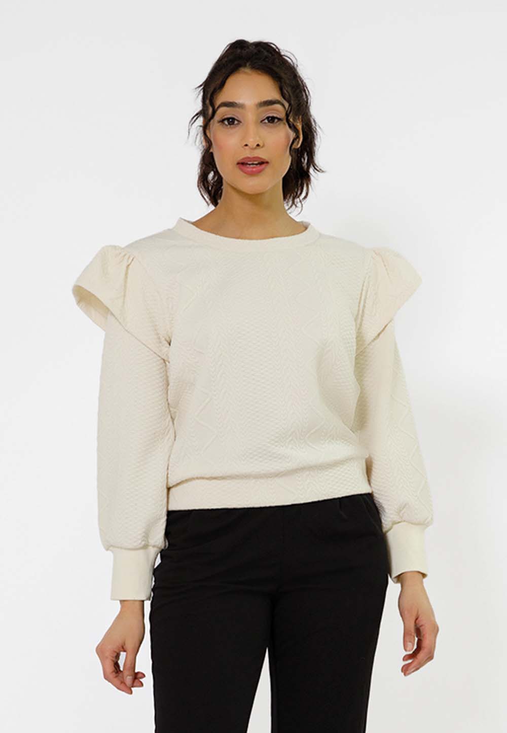 Leota Women's Ashley Ruffle Shoulder Sweatshirt White Size Small