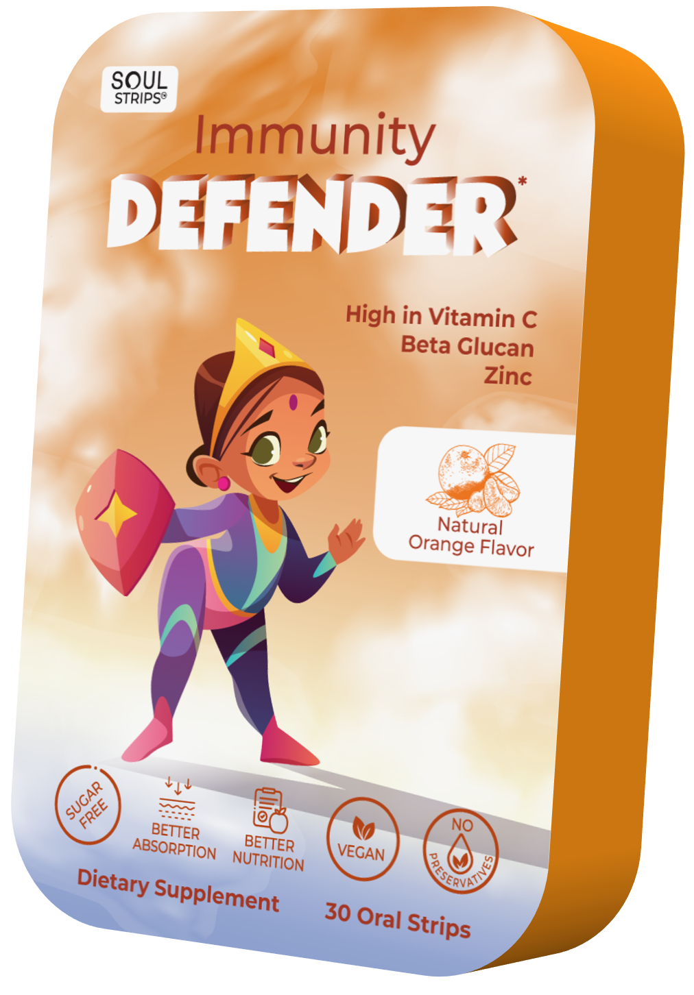 सोल स्ट्रिप्स किड्स इम्युनिटी डिफेंडर वीगन शुगर फ्री - ऑरेंज फ्लेवर 30 स्ट्रिप्स