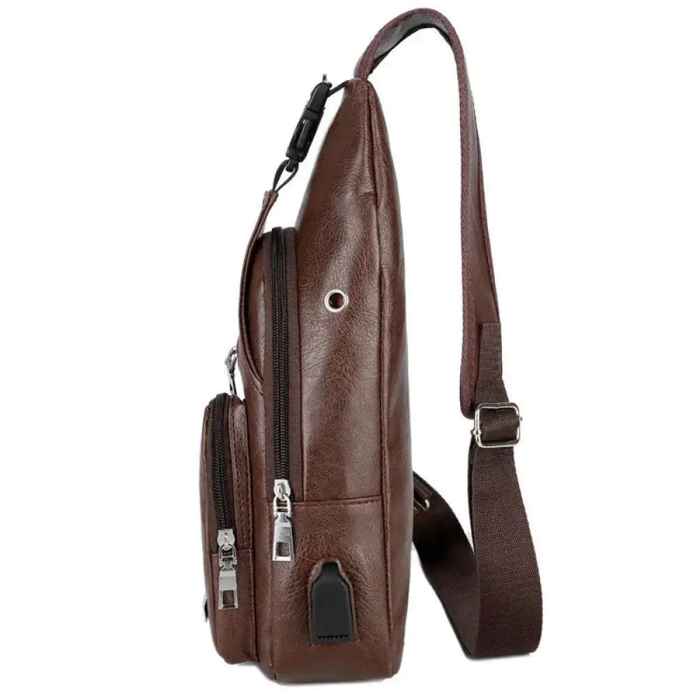 Brown Faux Leather Usb Charging Chest Messenger Bag
