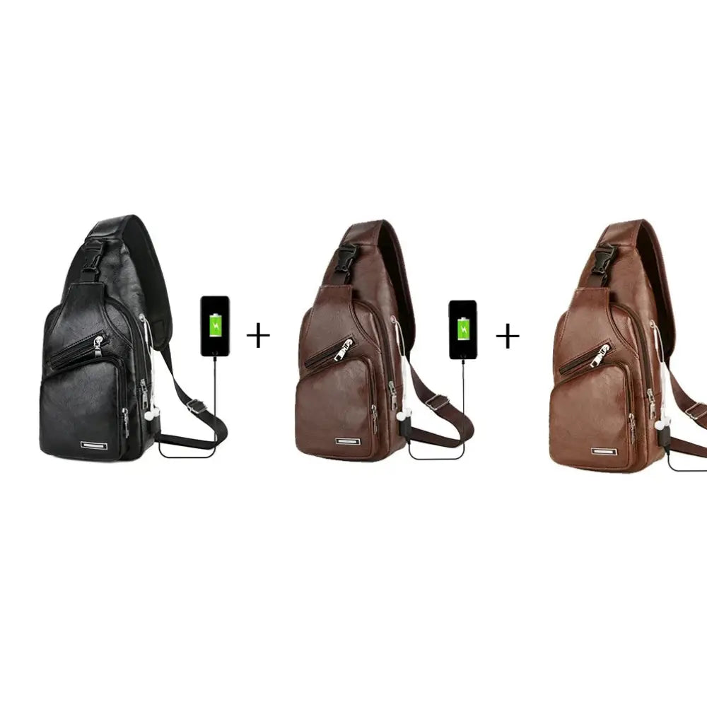 Brown Faux Leather Usb Charging Chest Messenger Bag