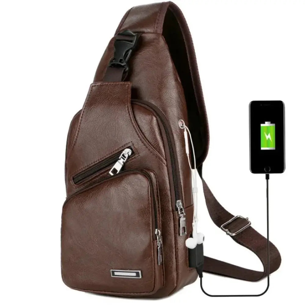 Brown Faux Leather Usb Charging Chest Messenger Bag