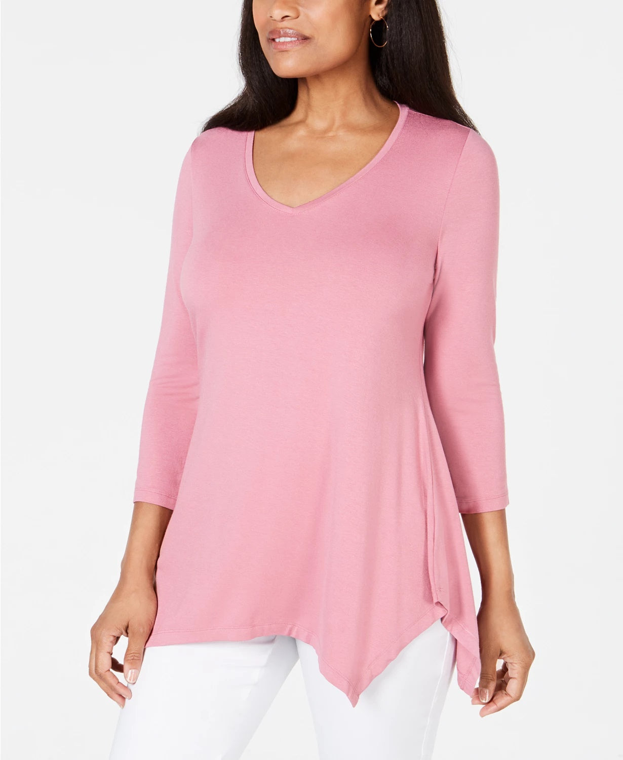 JM Women's Collection V-Neck Handkerchief-Hem Top Pink Size Extra Small