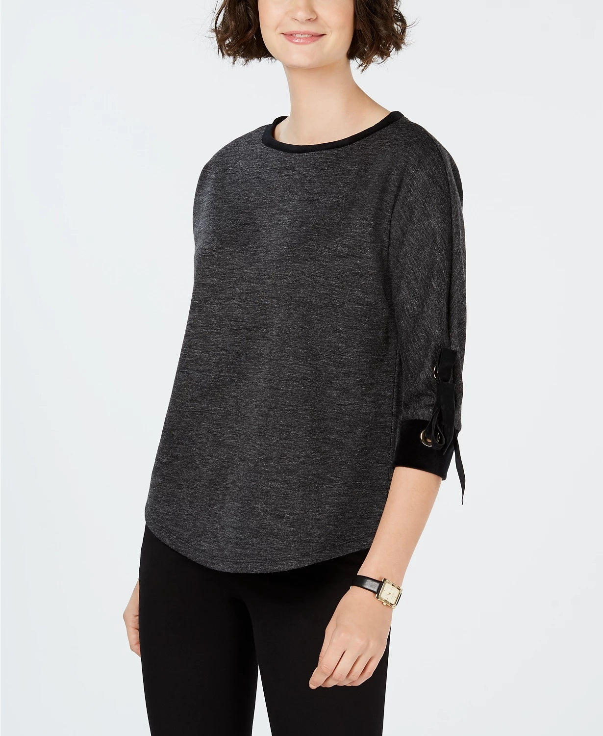 Charter Club Women's Cotton Velvet-Trim Lace-Up Top Black Size Large