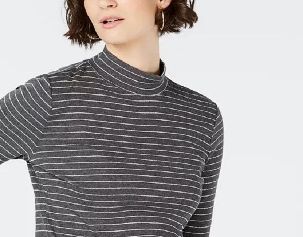Charter Club Women's Cotton Striped Mock-Neck T-Shirt Dark Gray Size XX Large