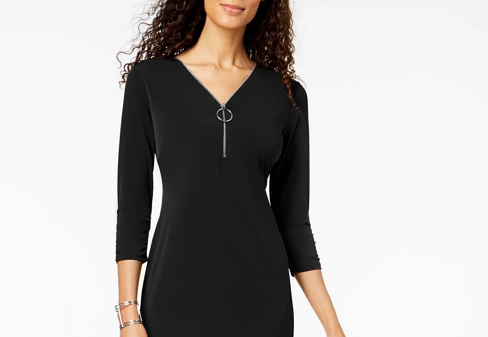 JM Women's Collection Zip-Neck A-Line Dress Black Size Small