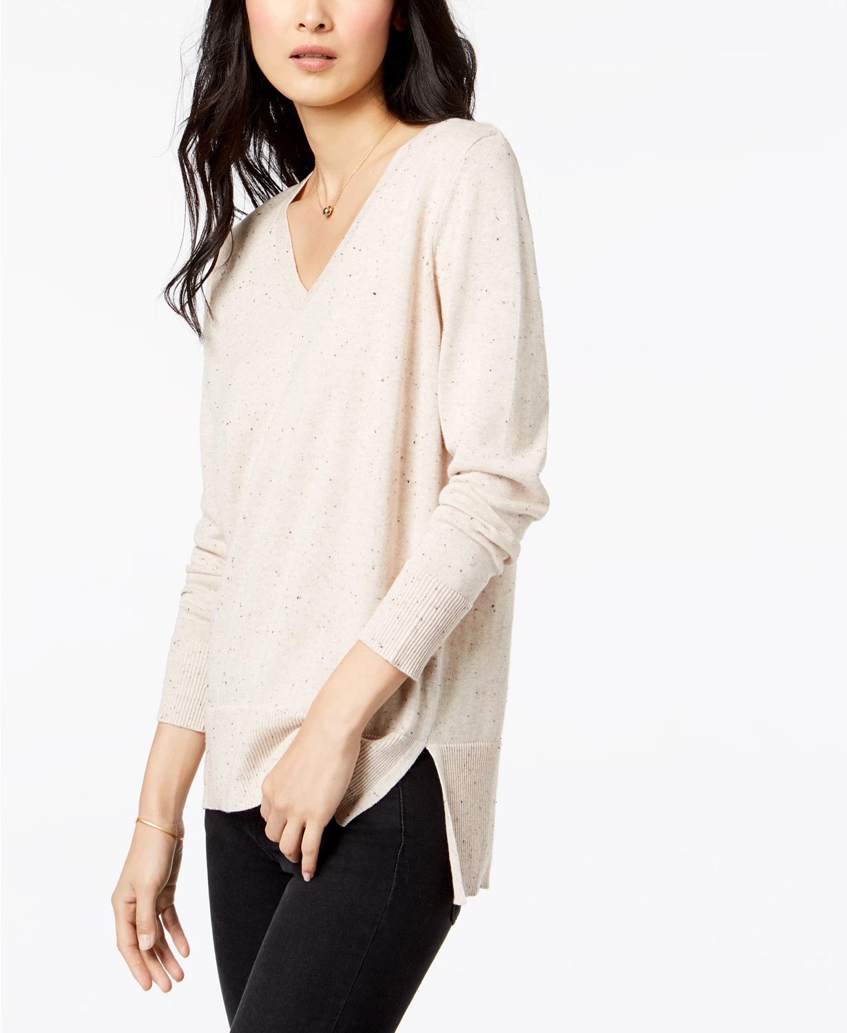 Maison Jules Women's Cotton V-Neck Tunic Sweater Dark Beige Size Small