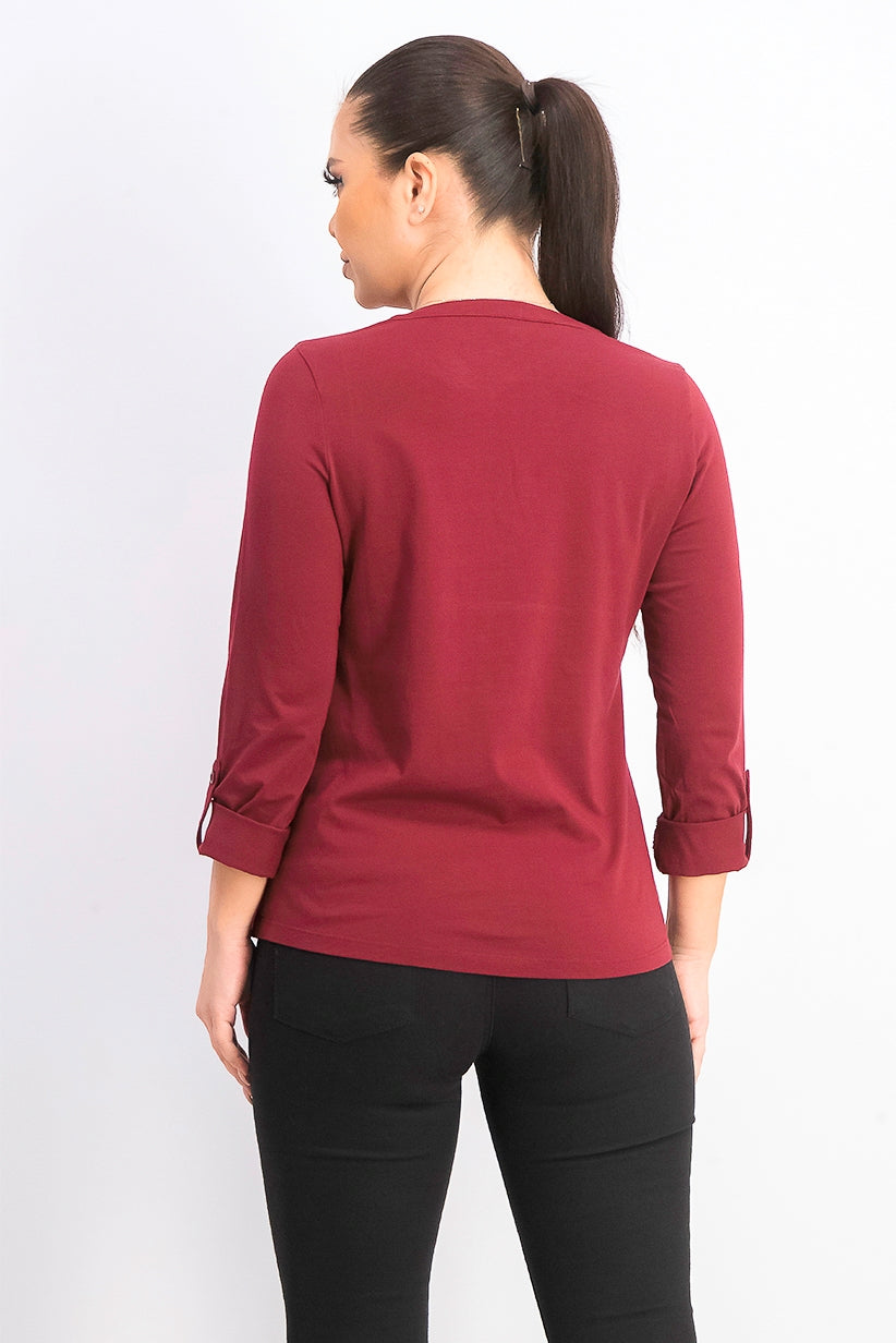 Charter Club Women's Petite Supima Cotton Split-Neck Top Wine Size Medium