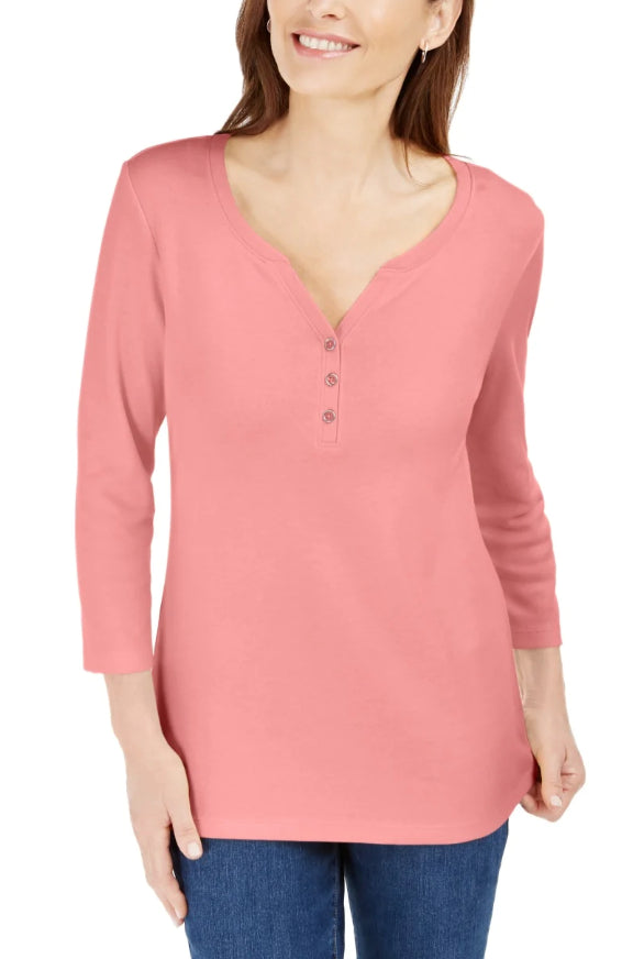 Karen Scott Women's Cotton Henley Top Pink Size Medium