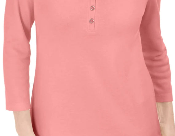 Karen Scott Women's Cotton Henley Top Pink Size Medium