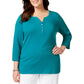 Karen Scott Women's Plus Size Cotton Split-Neck Top  Teal Size 1X