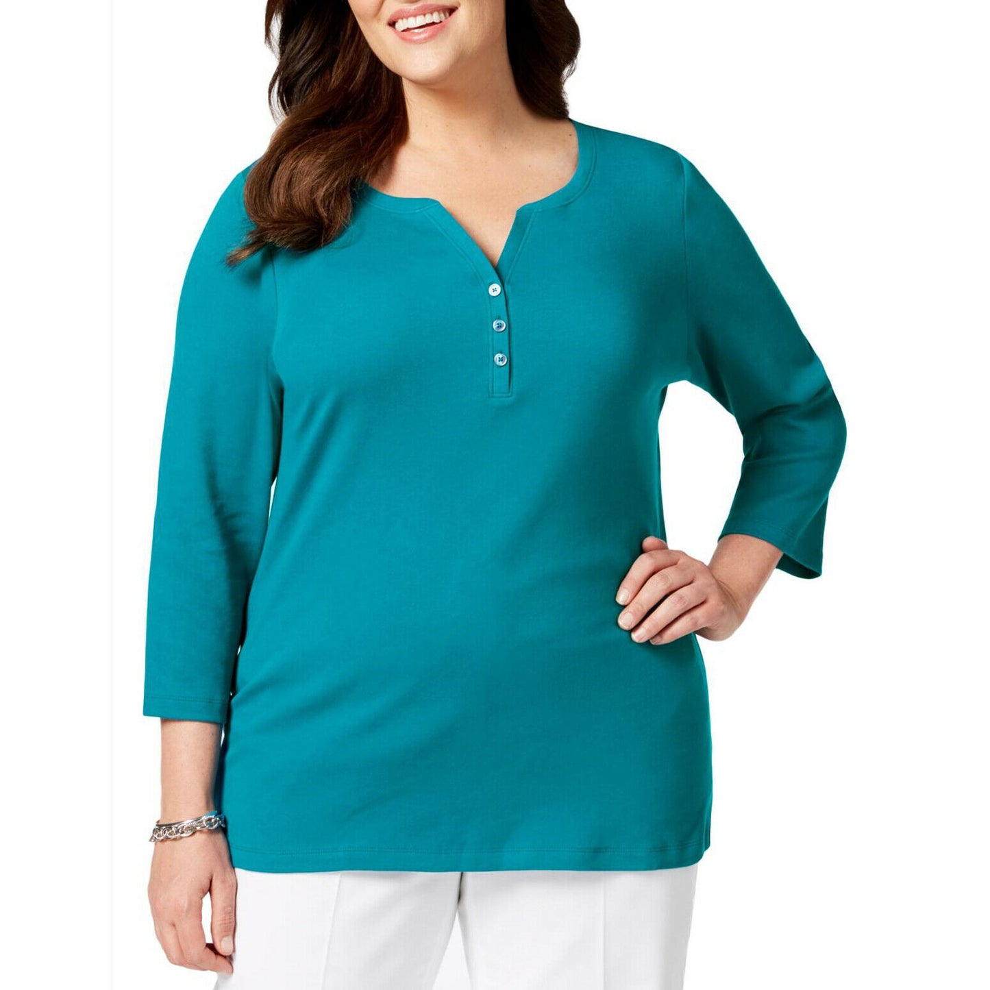 Karen Scott Women's Plus Size Cotton Split-Neck Top  Teal Size 1X