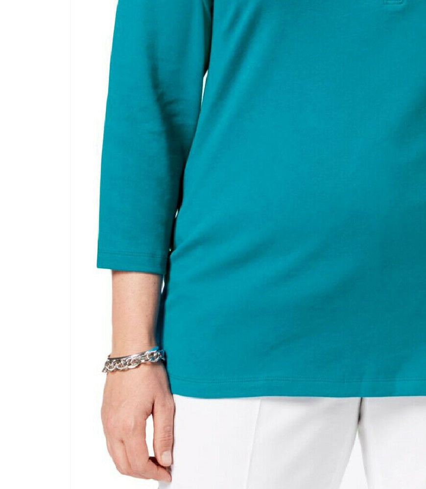 Karen Scott Women's Plus Size Cotton Split-Neck Top  Teal Size 1X
