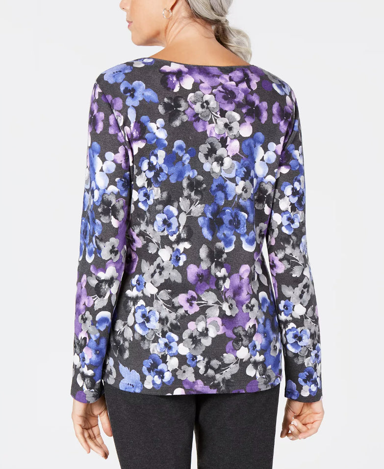 Karen Scott Women's Petite Printed 3/4-Sleeve Top Purple Size Petite X-Large