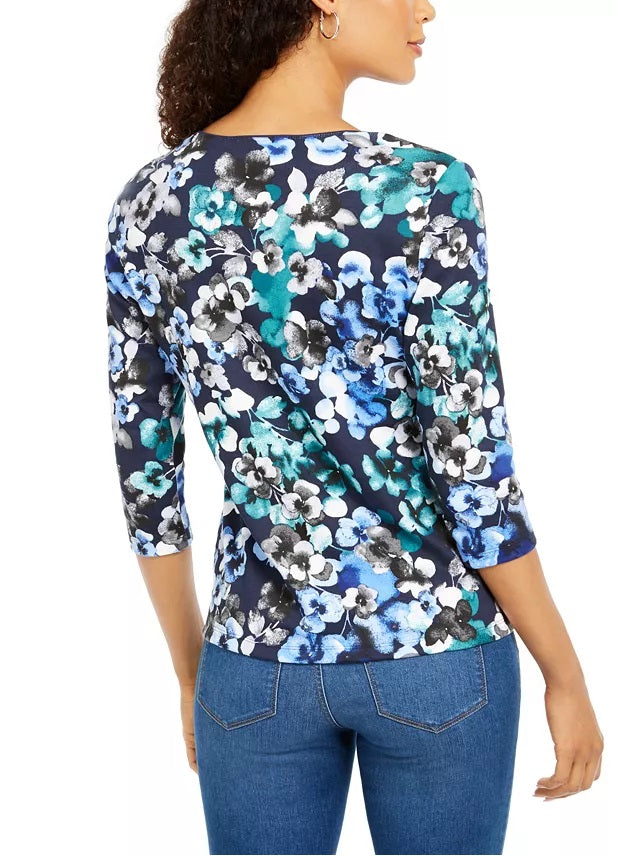 Karen Scott Women's Petite Printed 3/4-Sleeve Top Blue Size P/S Petite