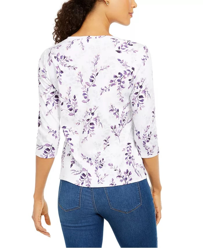 Karen Scott Women's Petite Printed 3/4-Sleeve Top Dark Blue Size Small