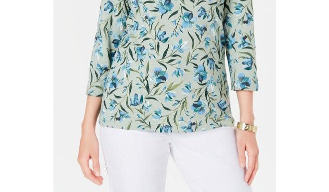 Karen Scott Women's Audra Oasis Printed Top Green Size Petite Small
