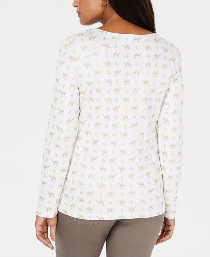 Karen Scott Women's Camel-Print Top White Size Petite Extra Large
