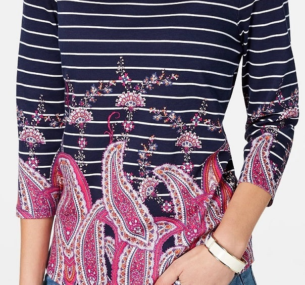 Charter Club Women's Striped Paisley-Print Top Blue Size Medium
