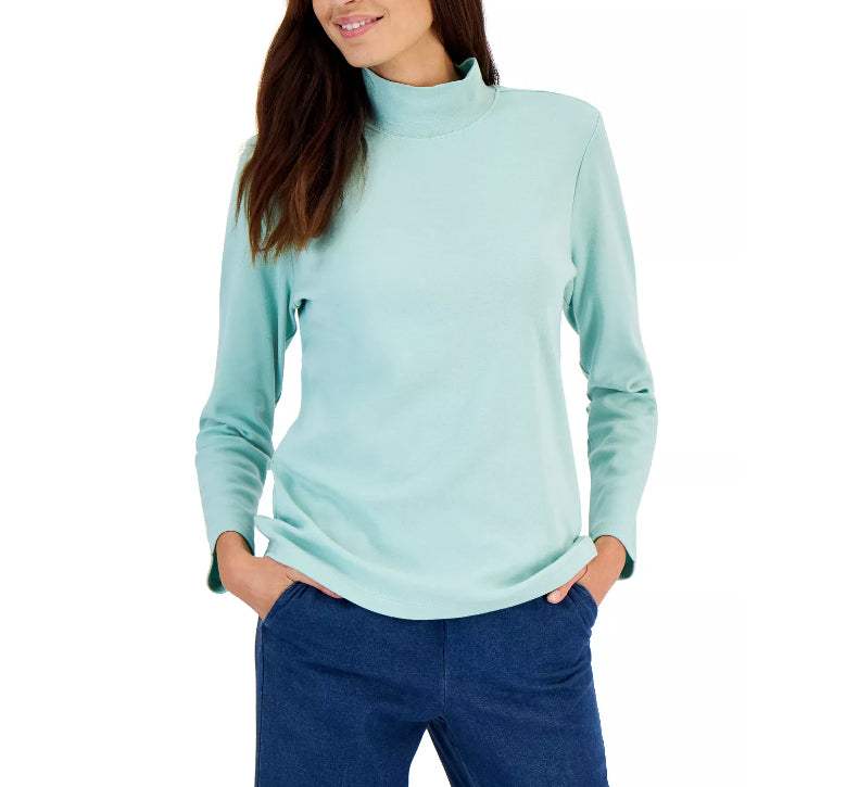 Karen Scott Women's Long-Sleeve Mock-Neck Cotton Top Blue Size Petite Medium