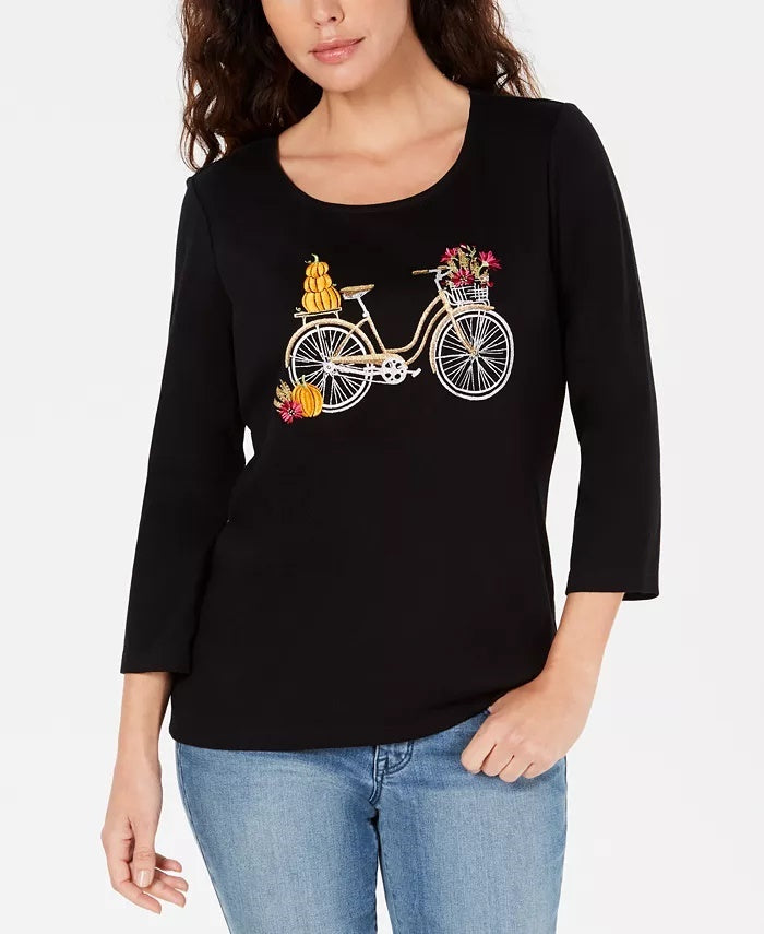Karen Scott Women's Embroidered Bicycle Top Black Size Medium
