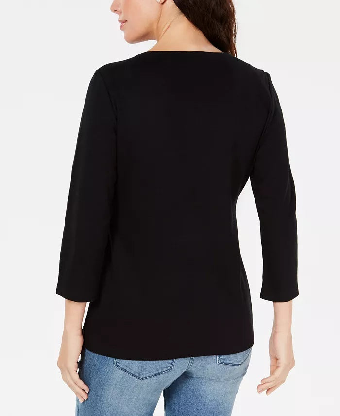 Karen Scott Women's Embroidered Bicycle Top Black Size Medium