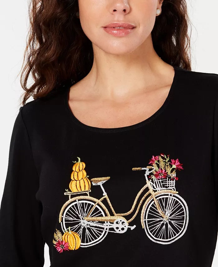 Karen Scott Women's Embroidered Bicycle Top Black Size Medium