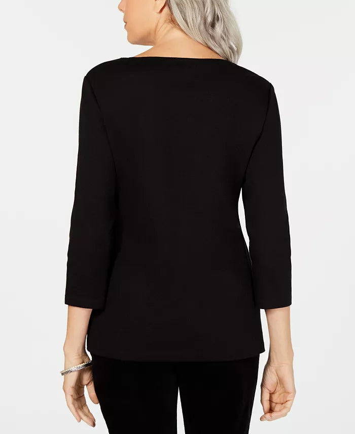 Karen Scott Women's 3/4-Sleeve Embellished Cotton Top Black Size Medium