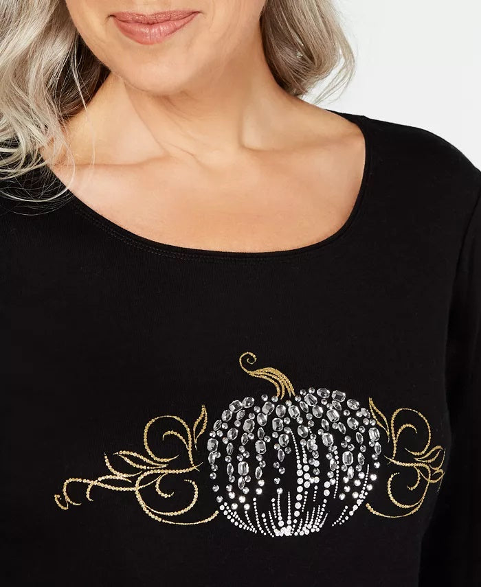 Karen Scott Women's 3/4-Sleeve Embellished Cotton Top Black Size Medium