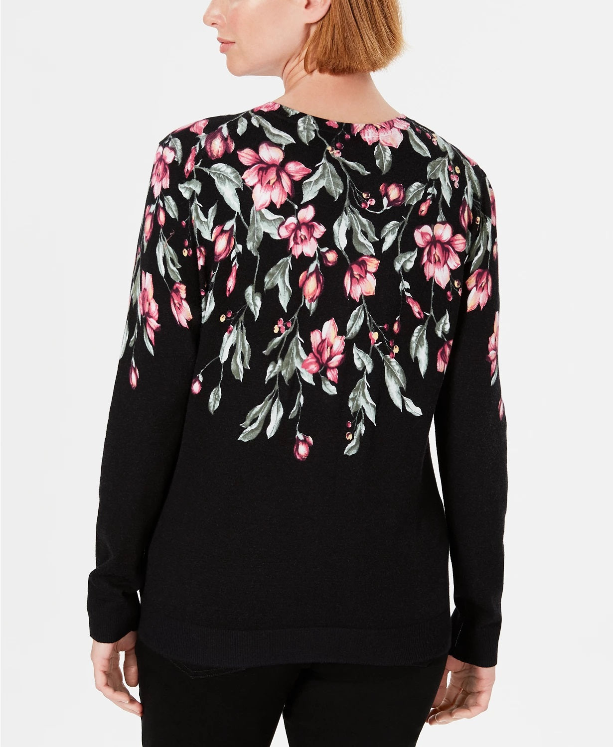 Karen Scott Women's Floral Print Cardigan Black Size Small