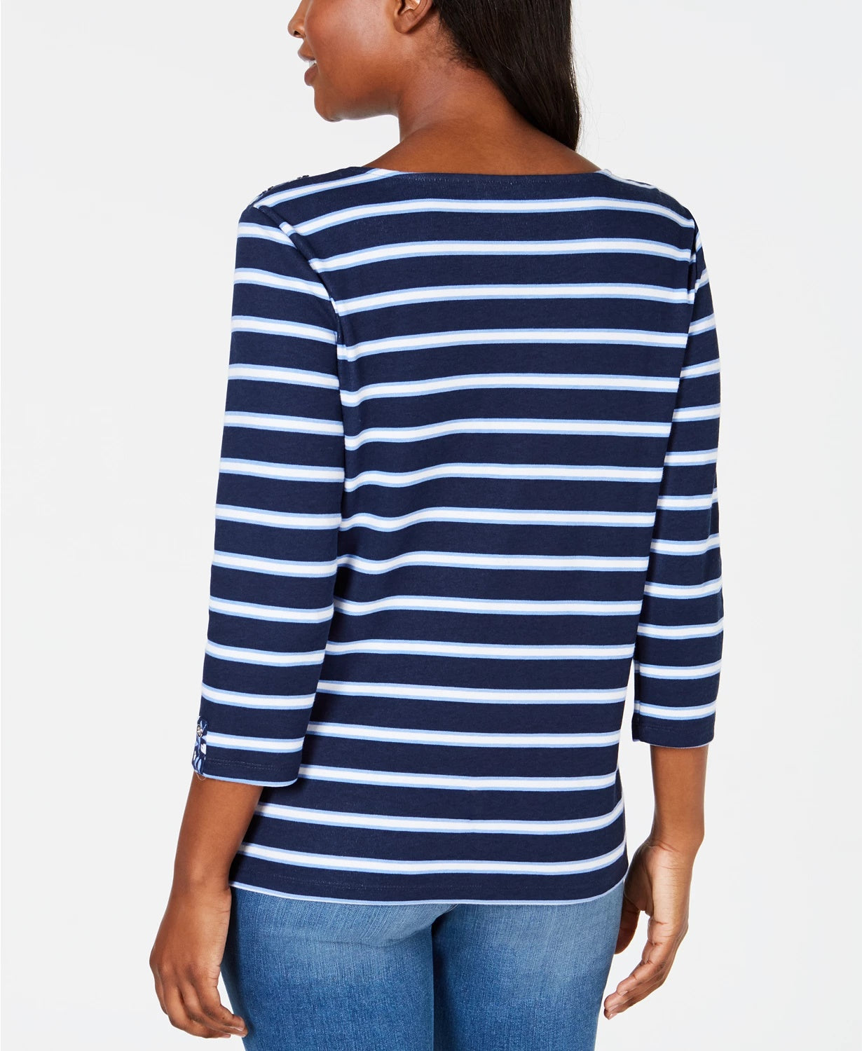 Karen Scott Women's Sport Floral-Yoke Striped Top Navy Size Medium
