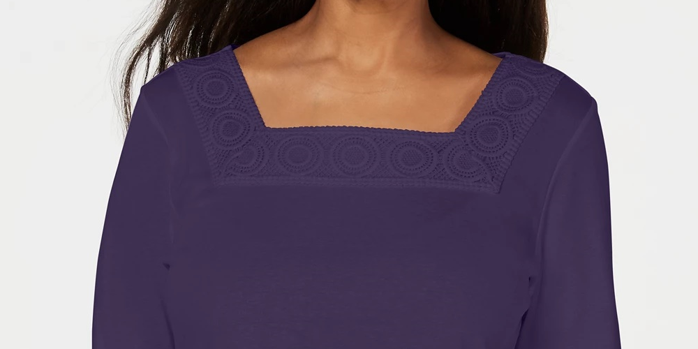 Karen Scott Women's Crochet Square-Neck Top Navy Size Small