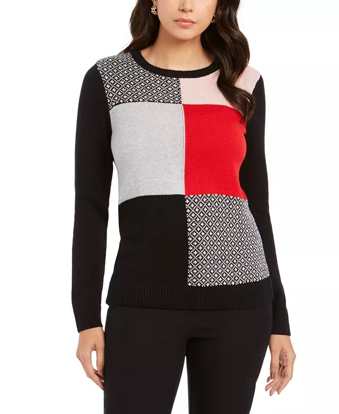 Charter Club Women's Patchwork Crewneck Sweater Black Size XX Large