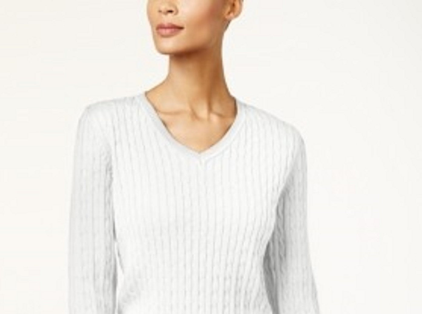 Karen Scott Women's Solid Cable-Knit V-Neck Sweater White Size Extra Large