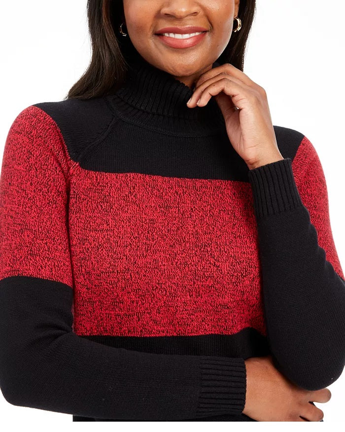 Karen Scott Women's Petite Colorblock Cotton Turtleneck Sweater Bright Red Size Large