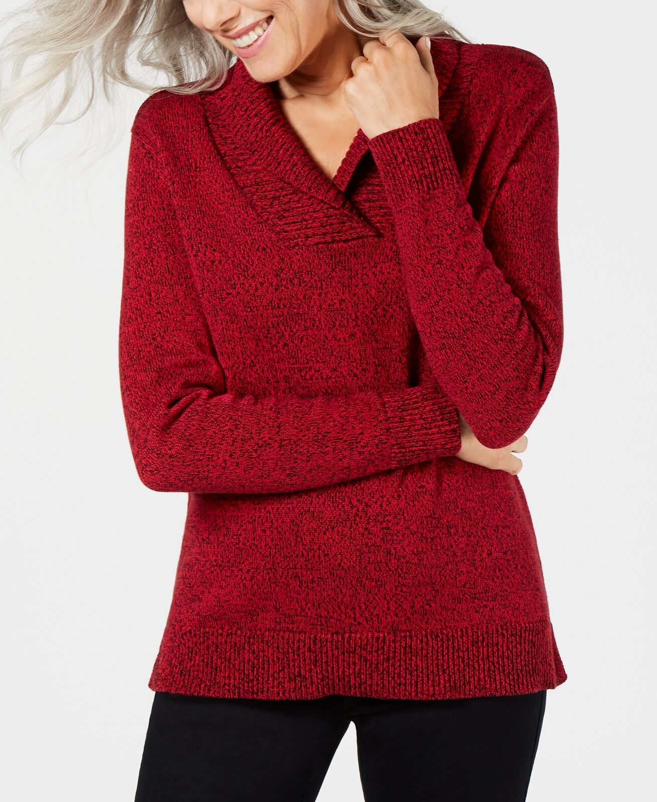 Karen Scott Women's Cotton Marled Shawl-Collar Sweater Bright Red Size Small