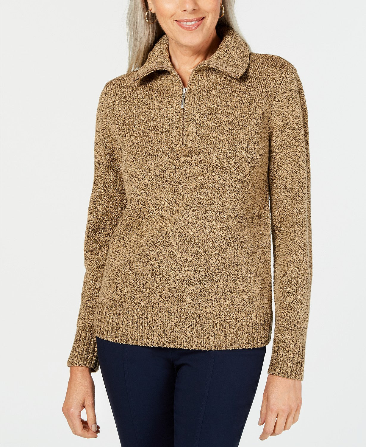 Karen Scott Women's Marled-Knit Quarter-Zip Sweater Brown Size XX Large