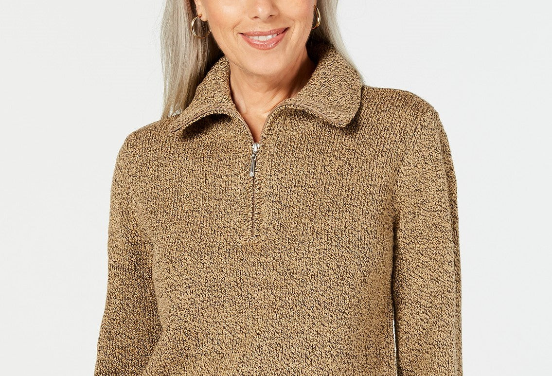 Karen Scott Women's Marled-Knit Quarter-Zip Sweater Brown Size XX Large