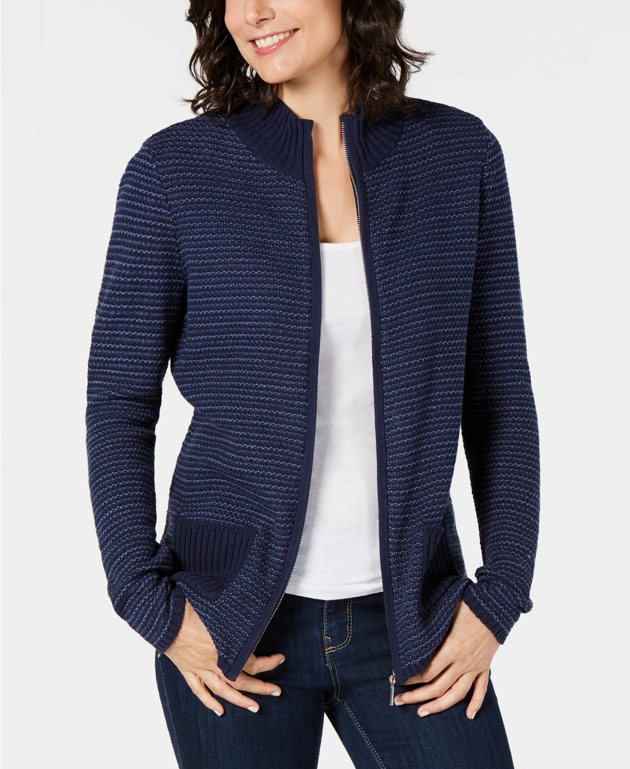 Karen Scott Women's Textured Zip-Front Cardigan Navy Size Medium