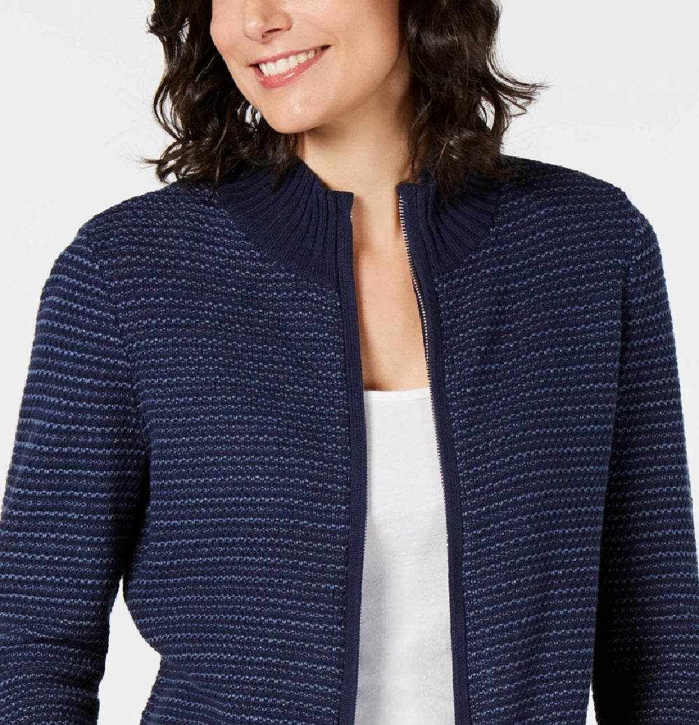 Karen Scott Women's Textured Zip-Front Cardigan Navy Size Medium
